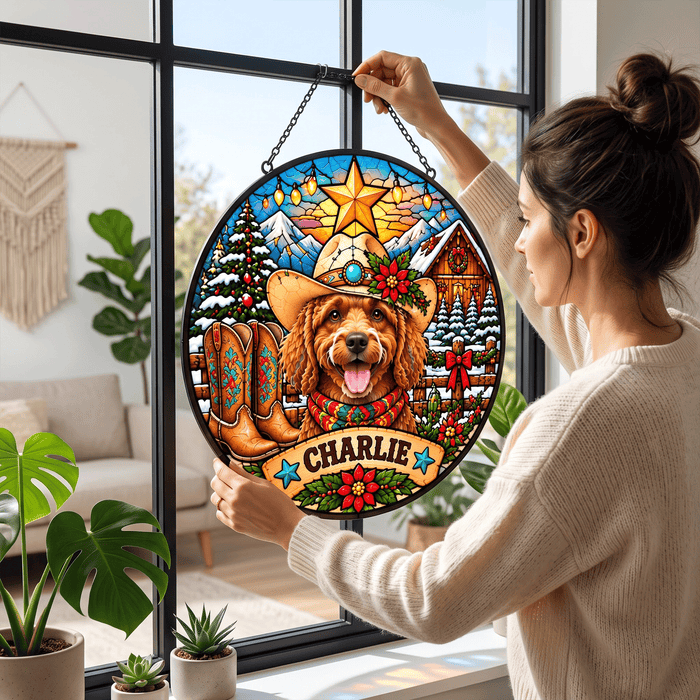 Personalized Western Christmas Pet Portrait Stained Glass Suncatcher – Custom Pet Name, Cowboy Holiday Window Hanging Gift