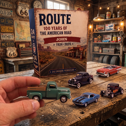 Personalized Route 66 Advent Calendar 2026, 24 Miniature Vehicles, Classic Car Christmas Gift for Men, Vintage Truck & Road Trip Lovers