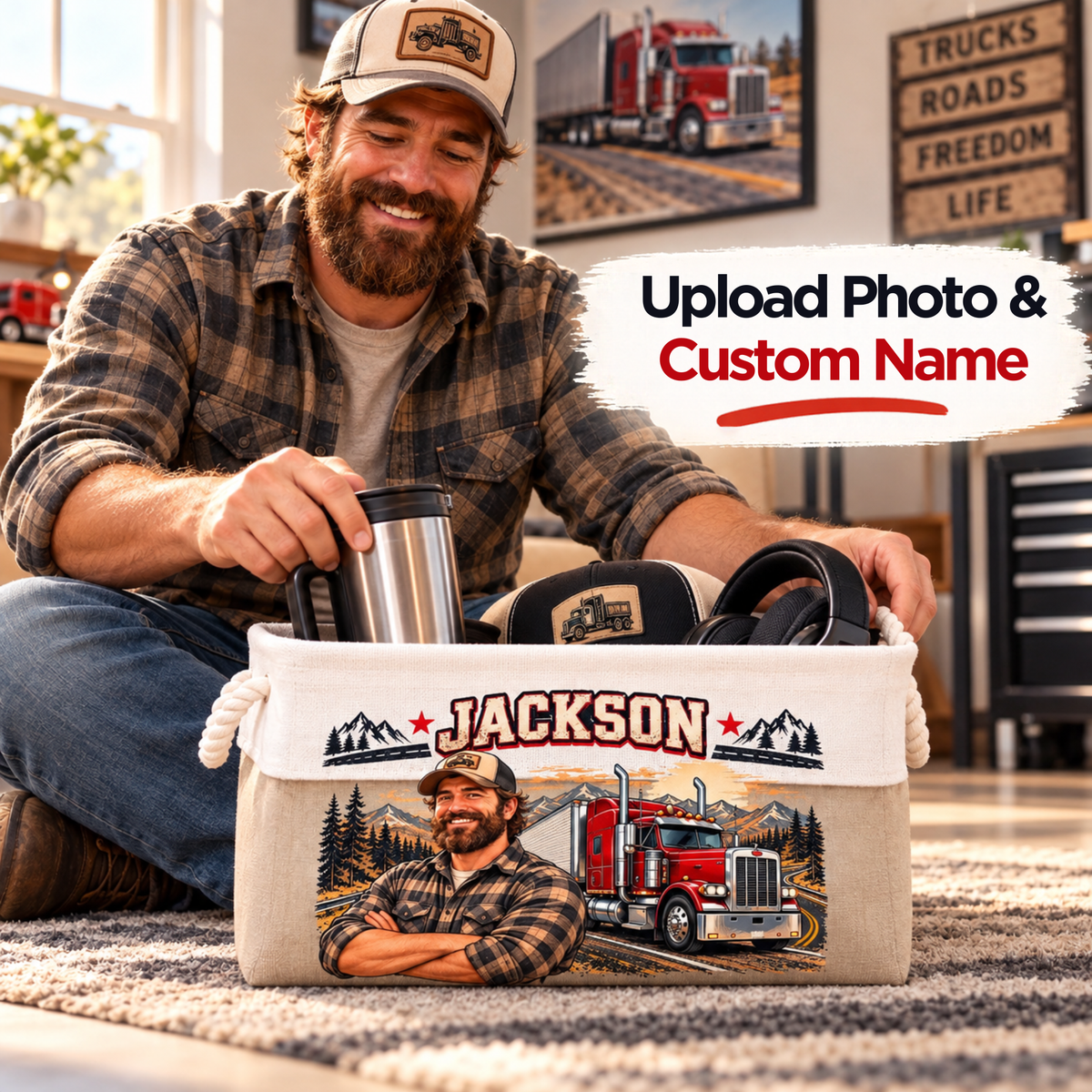 Custom Name & Photo Trucker Gifts for Truck Drivers – Personalized Storage Basket – Trucks, Roads & Freedom