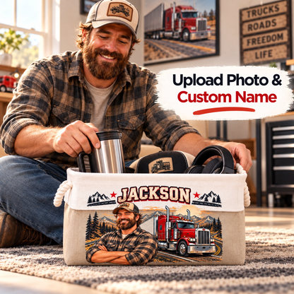 Custom Name & Photo Trucker Gifts for Truck Drivers – Personalized Storage Basket – Trucks, Roads & Freedom