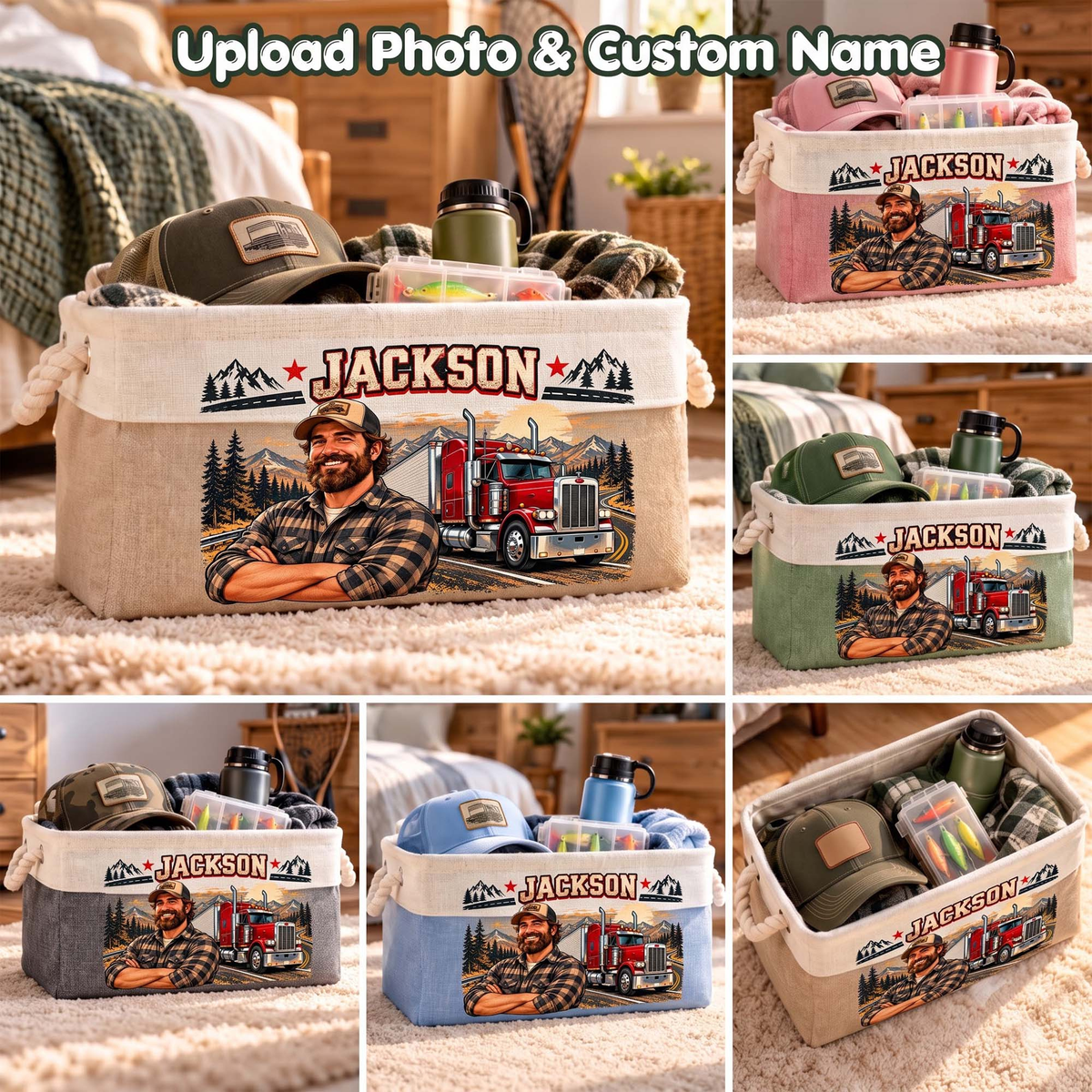 Custom Name & Photo Trucker Gifts for Truck Drivers – Personalized Storage Basket – Trucks, Roads & Freedom