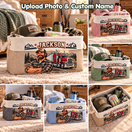 Custom Name & Photo Trucker Gifts for Truck Drivers – Personalized Storage Basket – Trucks, Roads & Freedom