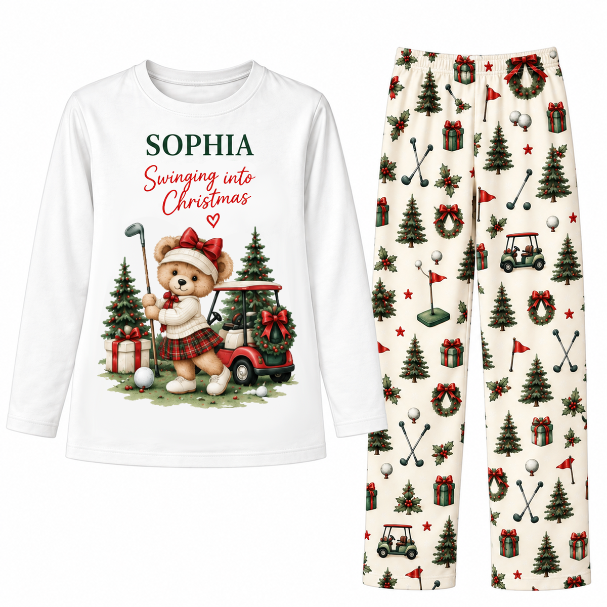 Custom Name Golf Teddy Bear Swinging Into Christmas Family Sleepwear Christmas