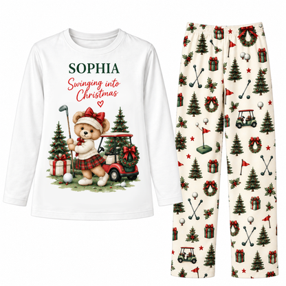 Custom Name Golf Teddy Bear Swinging Into Christmas Family Sleepwear Christmas