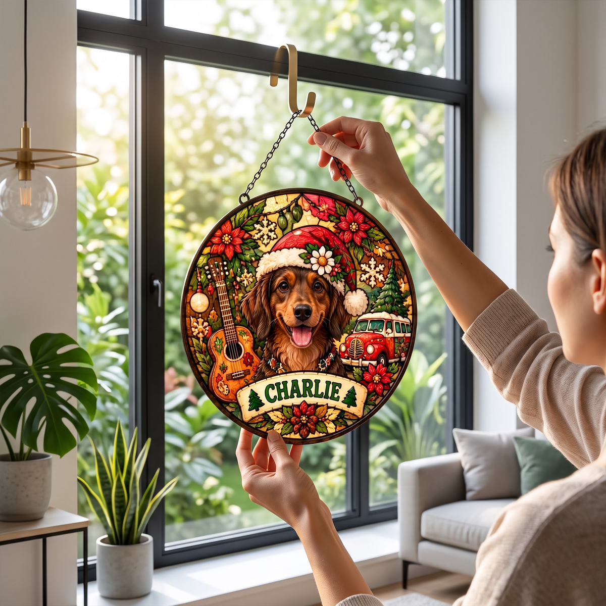 Personalized Hippie Christmas Pet Portrait Stained Glass Suncatcher – Custom Pet Name, Groovy Holiday Window Hanging Gift