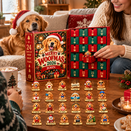 Personalized Golden Retriever Woofmas Advent Calendar – Custom Name 24-Day Dog Christmas Ornament Gift