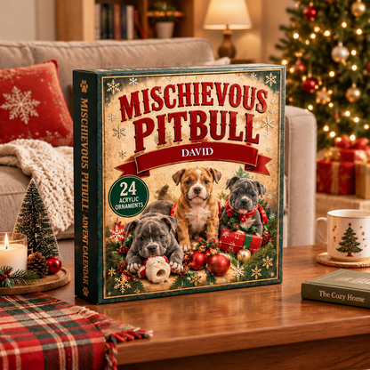 Personalized Mischievous Pitbull Advent Calendar – Custom Name 24 Days Christmas Dog Ornaments
