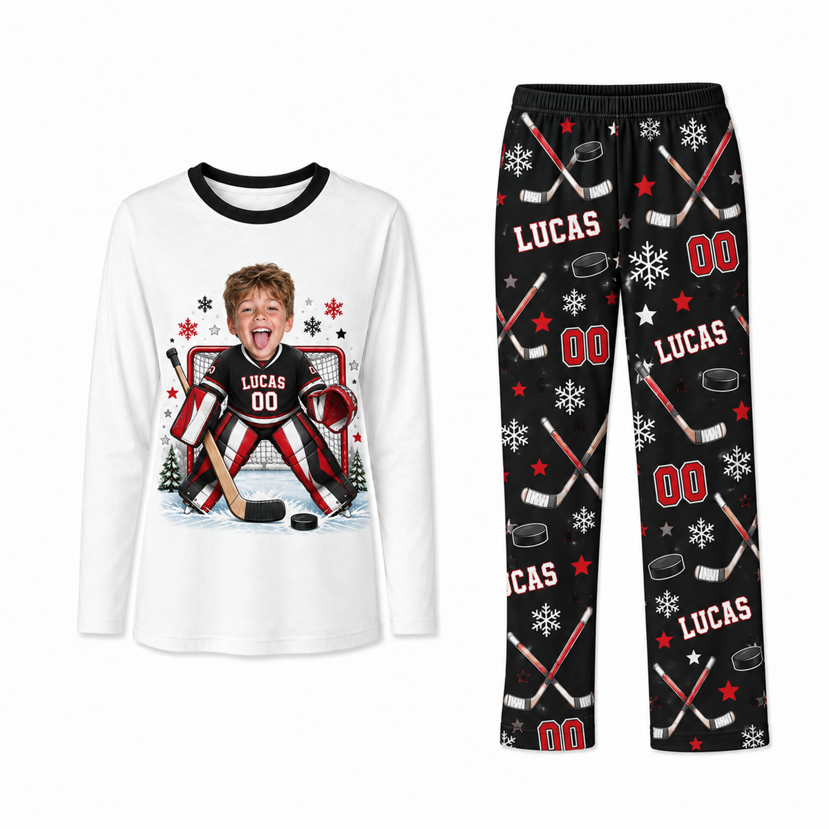 Custom Photo Cute Hockey Player Christmas Matching Family Christmas Pajamas