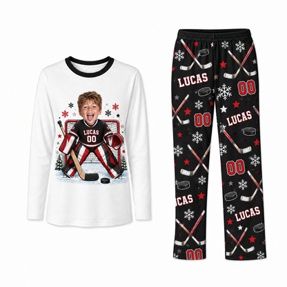 Custom Photo Cute Hockey Player Christmas Matching Family Christmas Pajamas