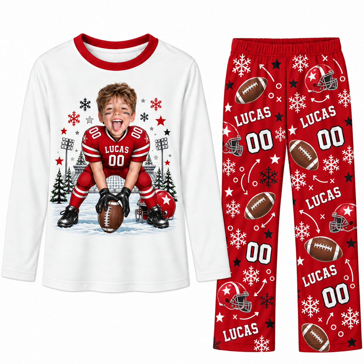 Custom Photo Name & Number Cute American Football Player Christmas Matching Family Pajamas