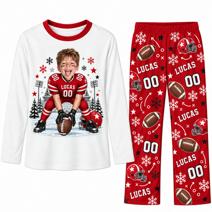 Custom Photo Name & Number Cute American Football Player Christmas Matching Family Pajamas