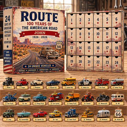 Personalized Route 66 Advent Calendar 2026, 24 Miniature Vehicles, Classic Car Christmas Gift for Men, Vintage Truck & Road Trip Lovers