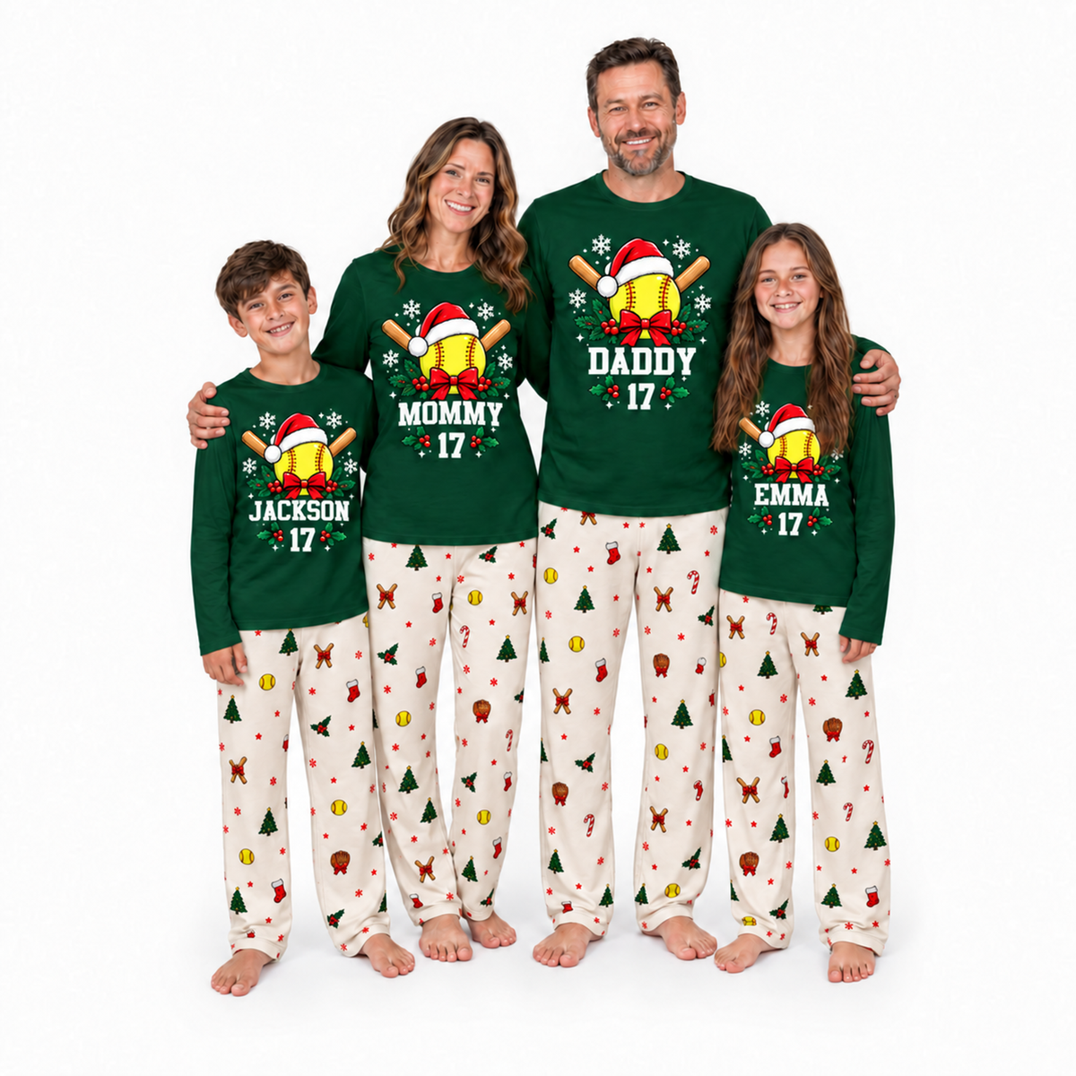 Personalized Softball Christmas Pajamas Custom Name and Number Family Matching Holiday Pajama