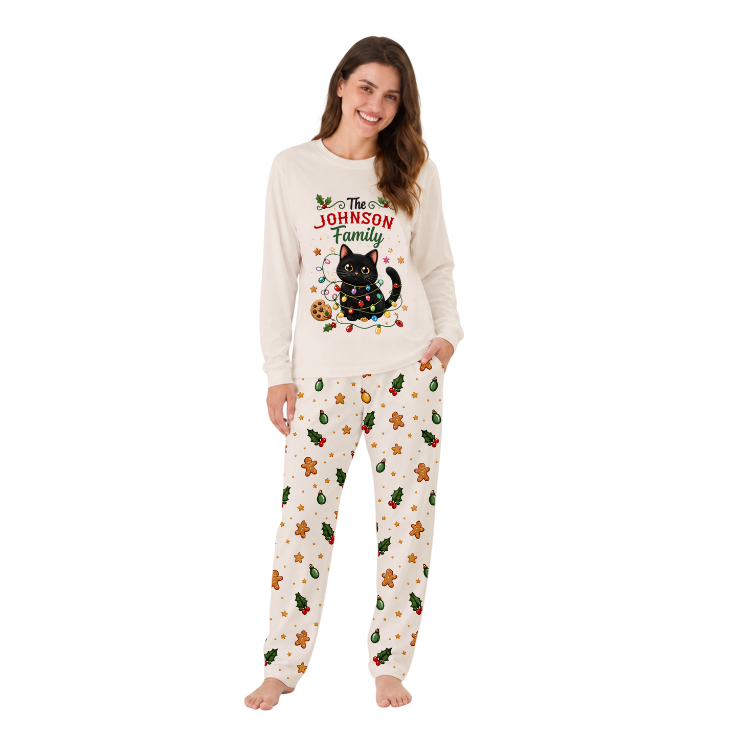 Personalized Black Cat Christmas Lights Matching Family Christmas Pajamas With Pet