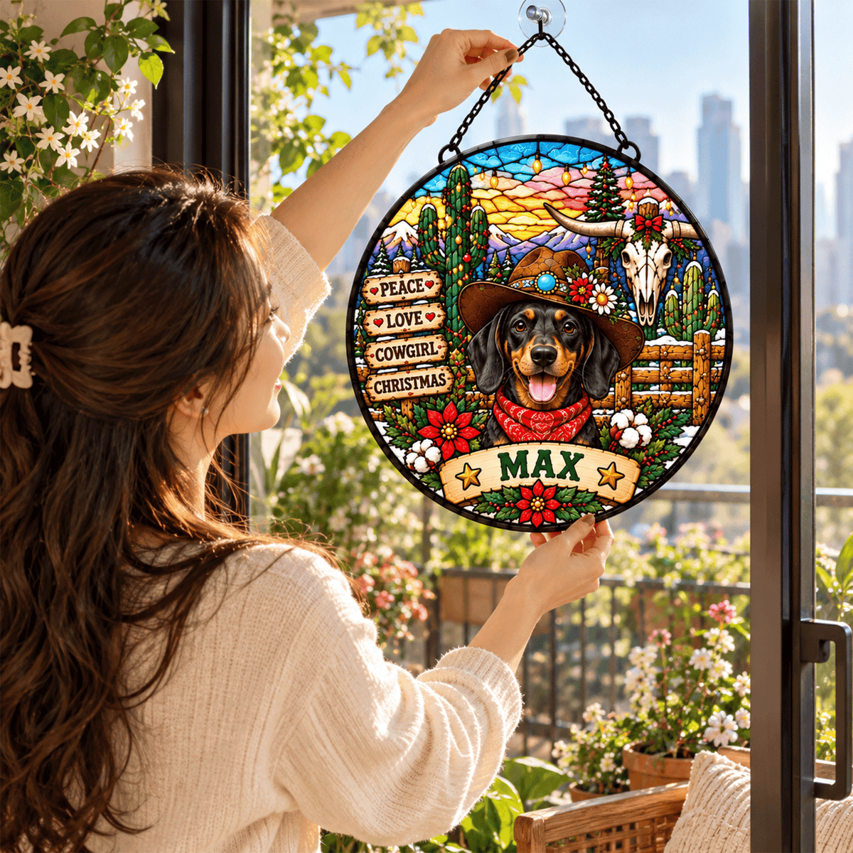 Personalized Cowgirl/Cowboy Christmas Pet Portrait Stained Glass Suncatcher, Custom Pet Name Western Holiday Window Hanging Gift