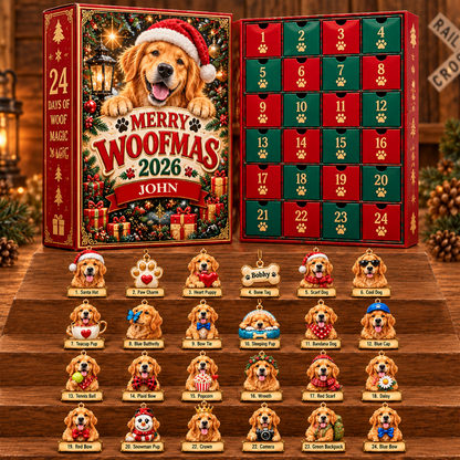 Personalized Golden Retriever Woofmas Advent Calendar – Custom Name 24-Day Dog Christmas Ornament Gift