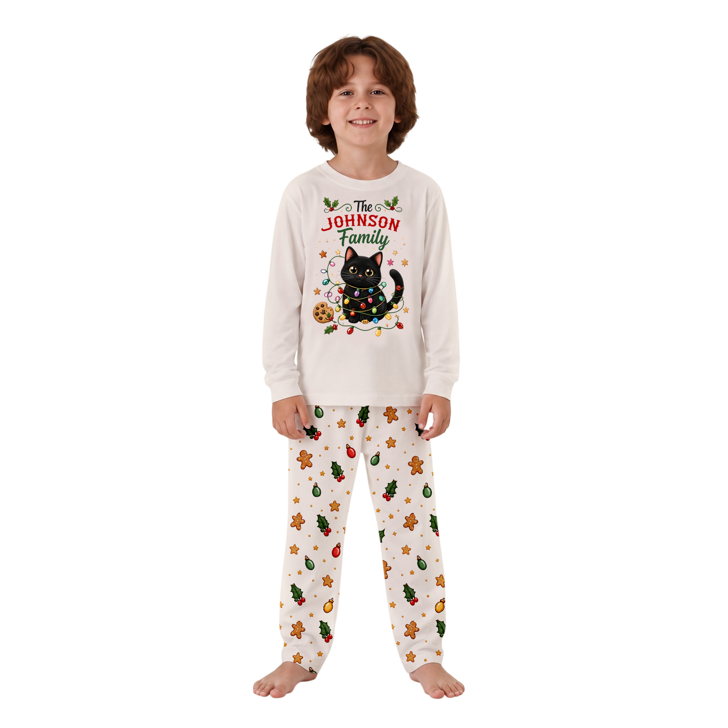 Personalized Black Cat Christmas Lights Matching Family Christmas Pajamas With Pet