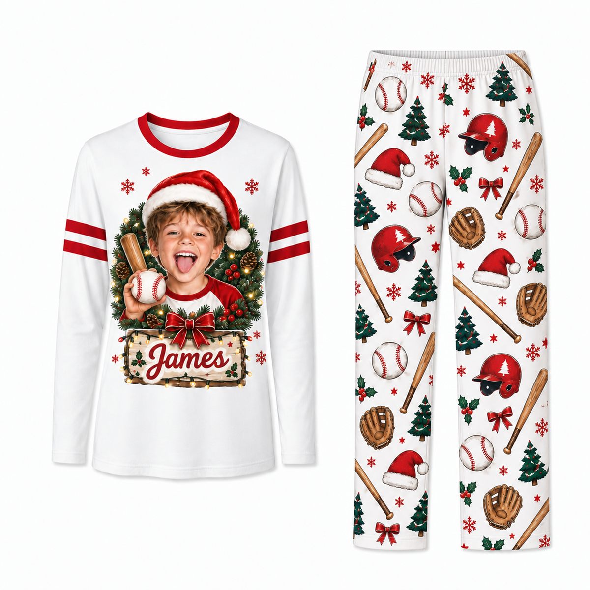 Custom Photo Baseball Christmas Matching Family Pajamas