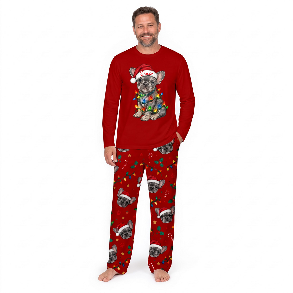 Cute Personalized French Bulldog Christmas Lights Pyjama Set