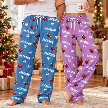 Personalized Football Christmas Pajama Pants, Custom Name & Jersey Number Lounge Pants, Football Player Gift