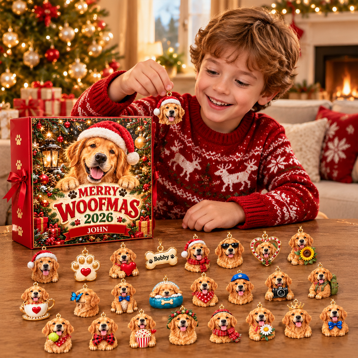 Personalized Golden Retriever Woofmas Advent Calendar – Custom Name 24-Day Dog Christmas Ornament Gift