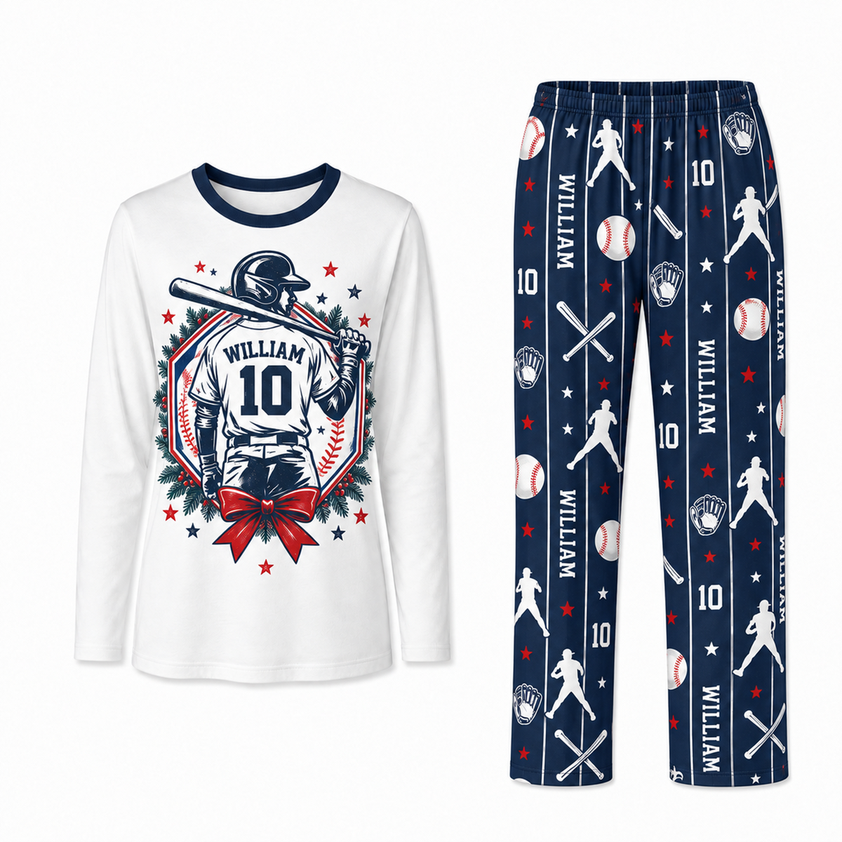 Personalized Cute Baseball Player Christmas Wreath Matching Family Christmas Pajamas With Custom Name & Number
