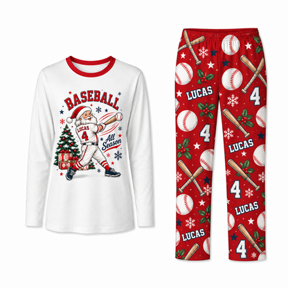 Custom Name Cute Baseball Santa Christmas Matching Family Pajamas