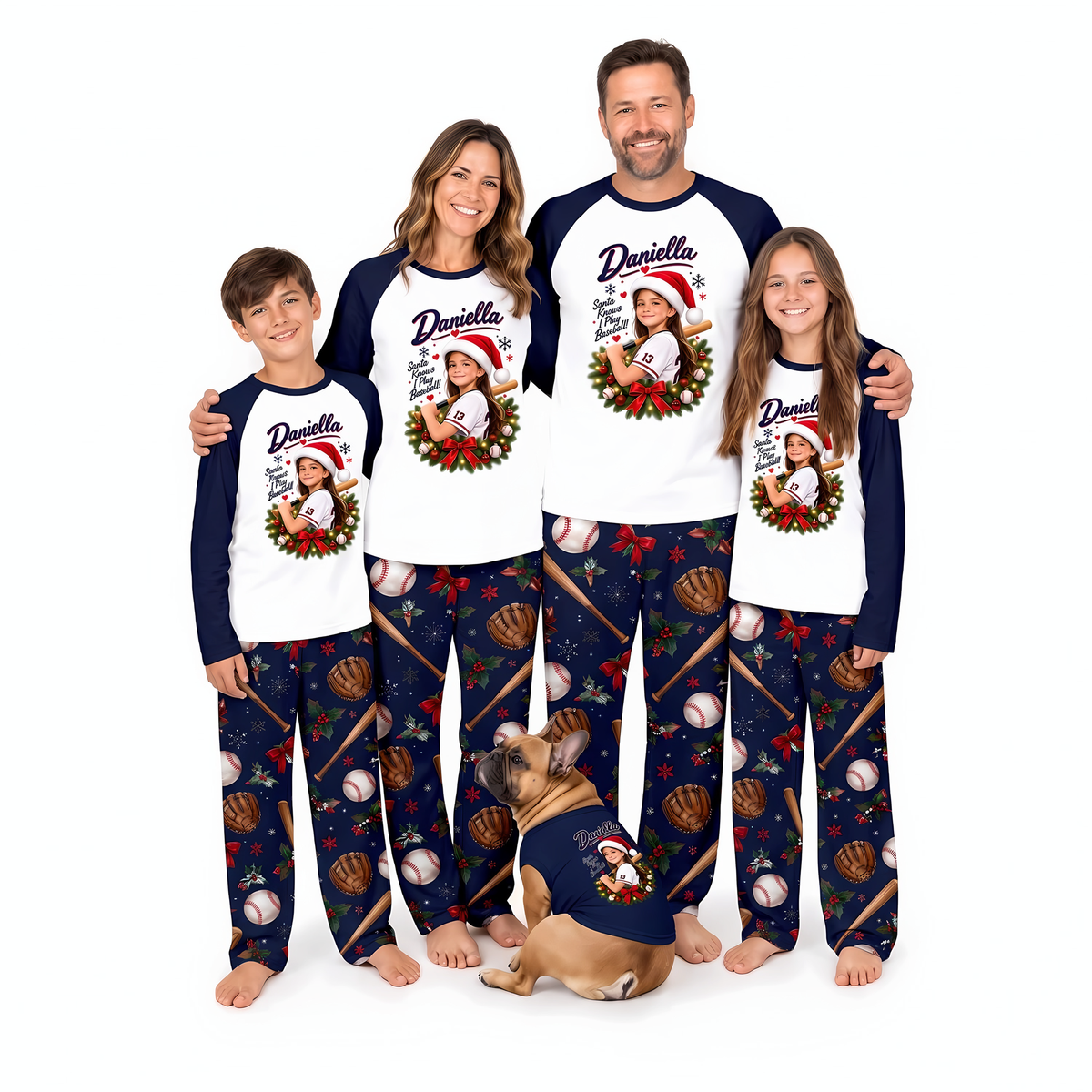 Personalized Custom Photo Baseball Christmas Matching Family Pajamas With Pet