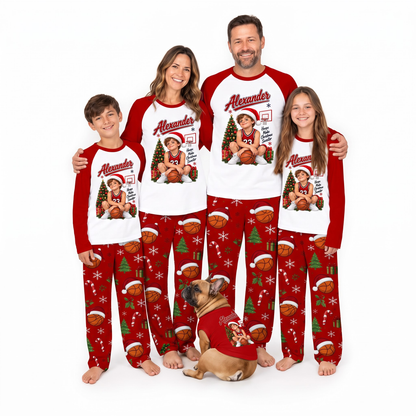 Personalized Basketball Christmas Matching Family Pajamas With Pet, Custom Photo Name & Number