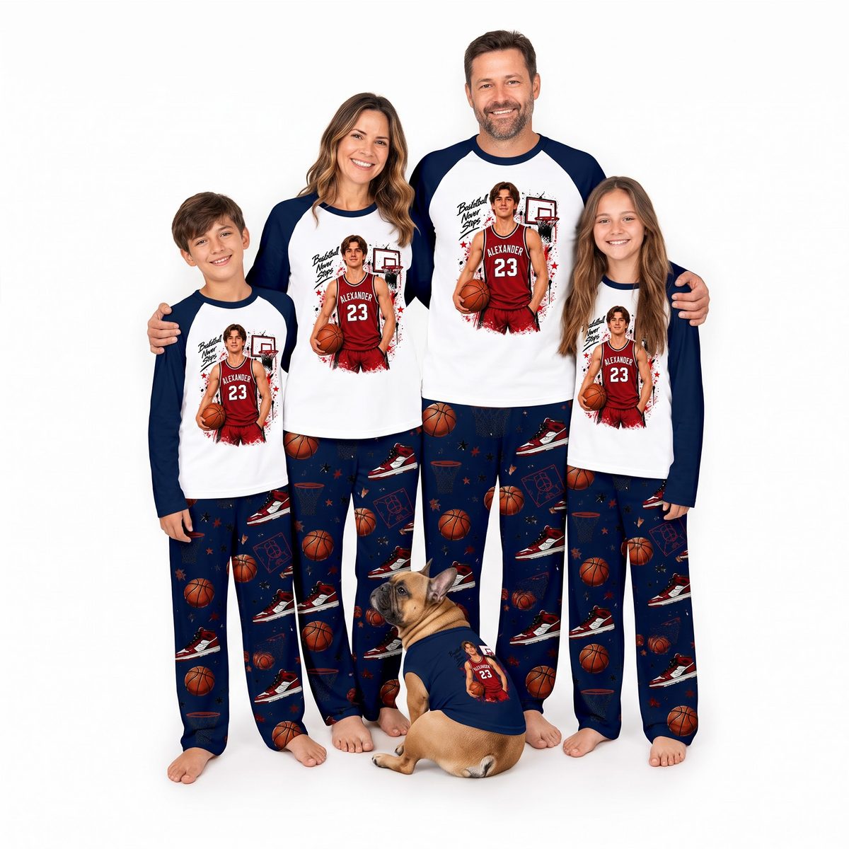 Personalized Custom Photo Basketball Matching Family Pajamas, Custom Name & Number