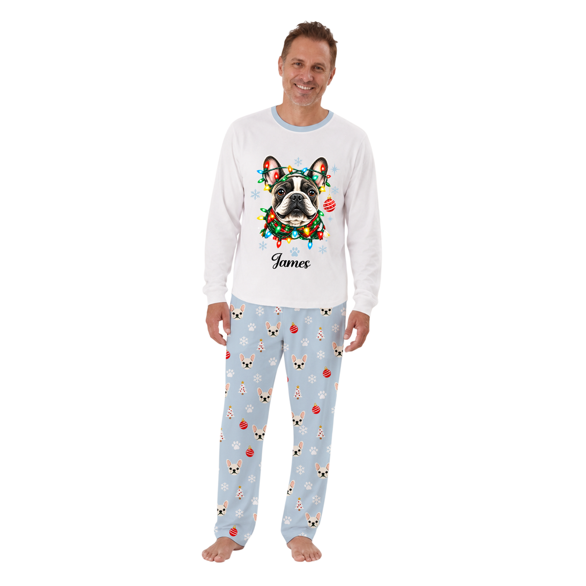 Custom Name French Bulldog Christmas Lights Family Matching Pajamas With Pet