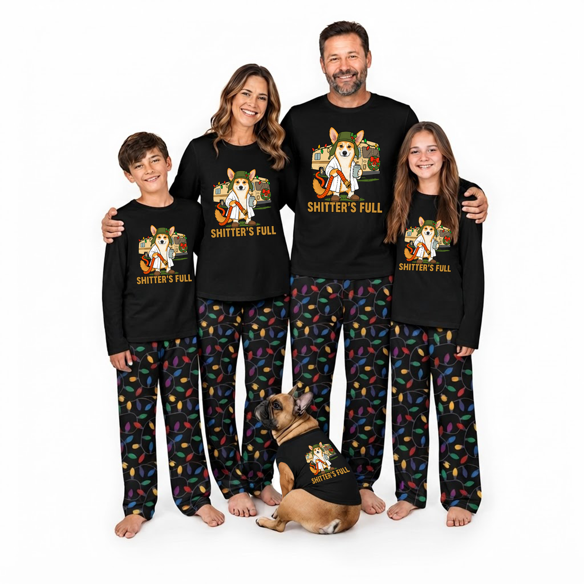 Custom Photo Funny Shitter's Full Dog Cousin Eddie RV Colorful Christmas Lights Family Pajamas