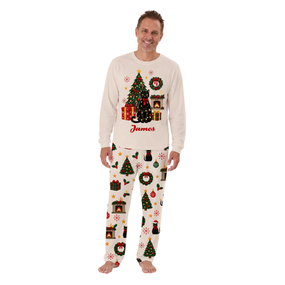 Custom Name Black Cat Christmas Tree Family Matching Christmas Pajamas With Pet