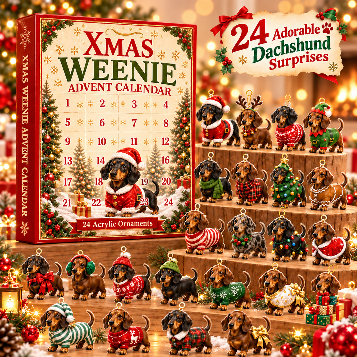Dachshund Christmas Advent Calendar 2026 – 24 Acrylic Ornaments Xmas Gift