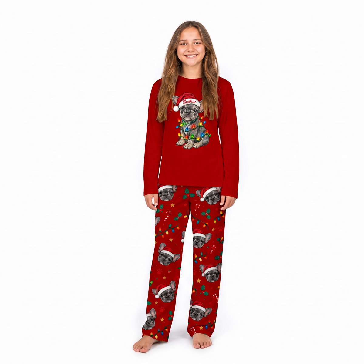 Cute Personalized French Bulldog Christmas Lights Pyjama Set
