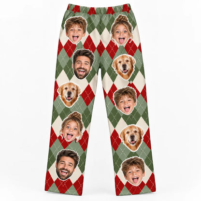 Custom Family Face Christmas Plaid Lounge Pants – Personalized Photo Pajama Pants With Pet