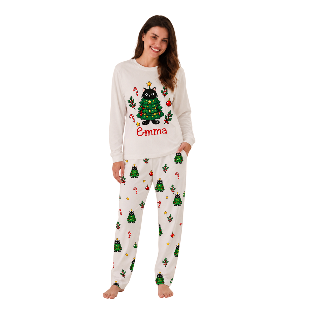 Personalized Black Cat Christmas Tree Family Matching Christmas Pajamas With Pet
