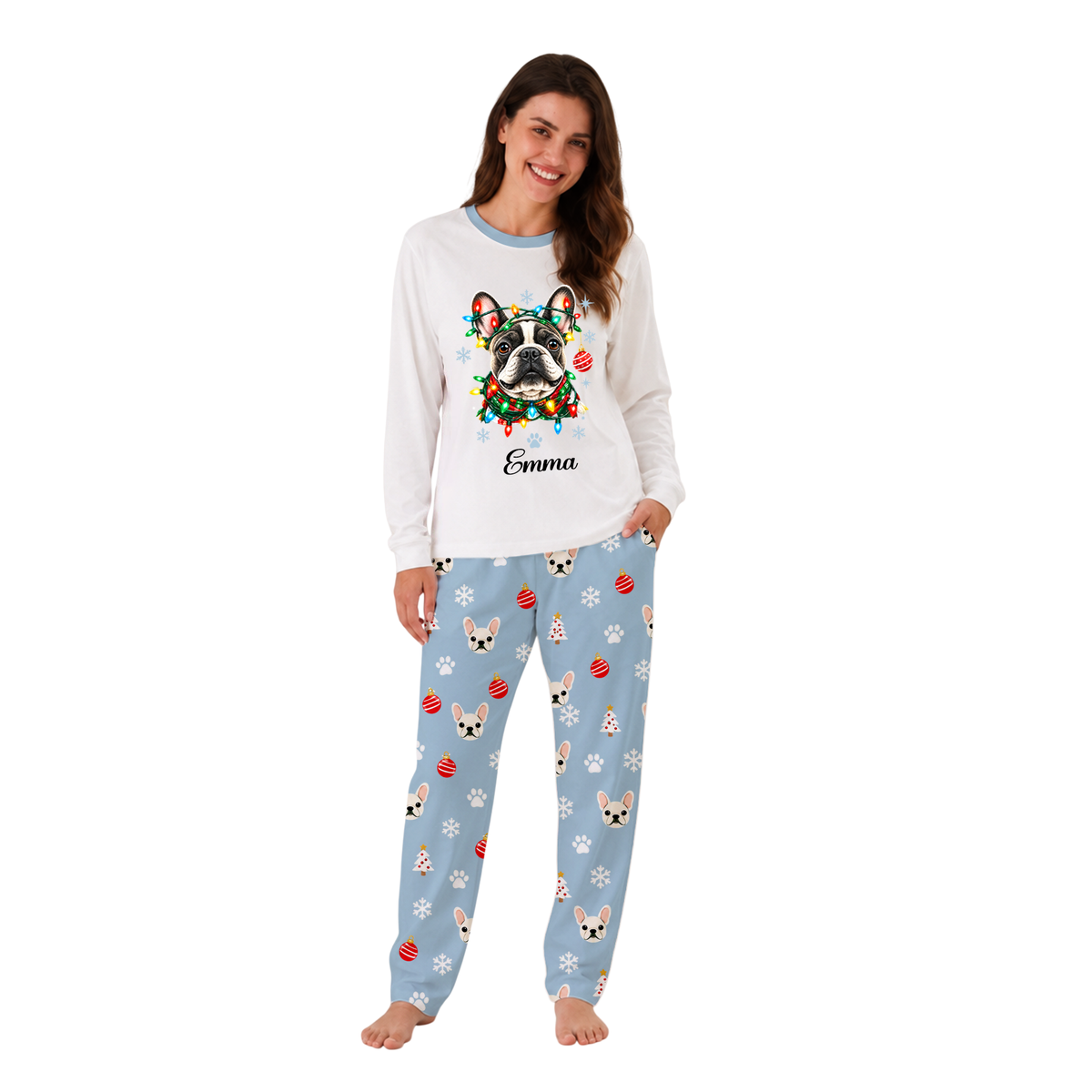 Custom Name French Bulldog Christmas Lights Family Matching Pajamas With Pet