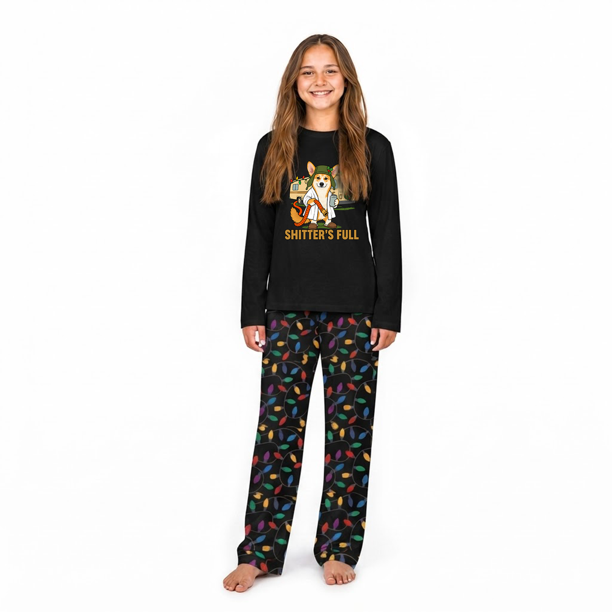 Custom Photo Funny Shitter's Full Dog Cousin Eddie RV Colorful Christmas Lights Family Pajamas