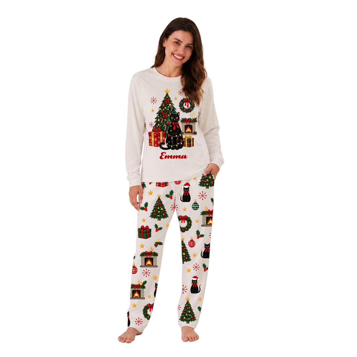 Custom Name Black Cat Christmas Tree Family Matching Christmas Pajamas With Pet