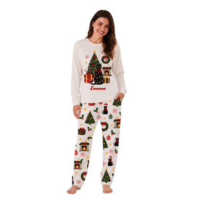 Custom Name Black Cat Christmas Tree Family Matching Christmas Pajamas With Pet