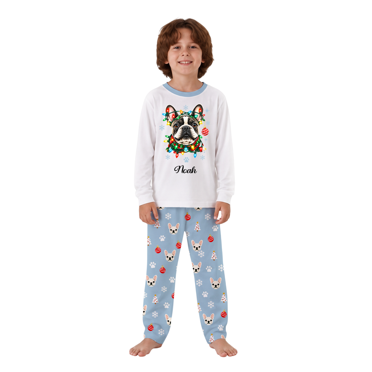 Custom Name French Bulldog Christmas Lights Family Matching Pajamas With Pet
