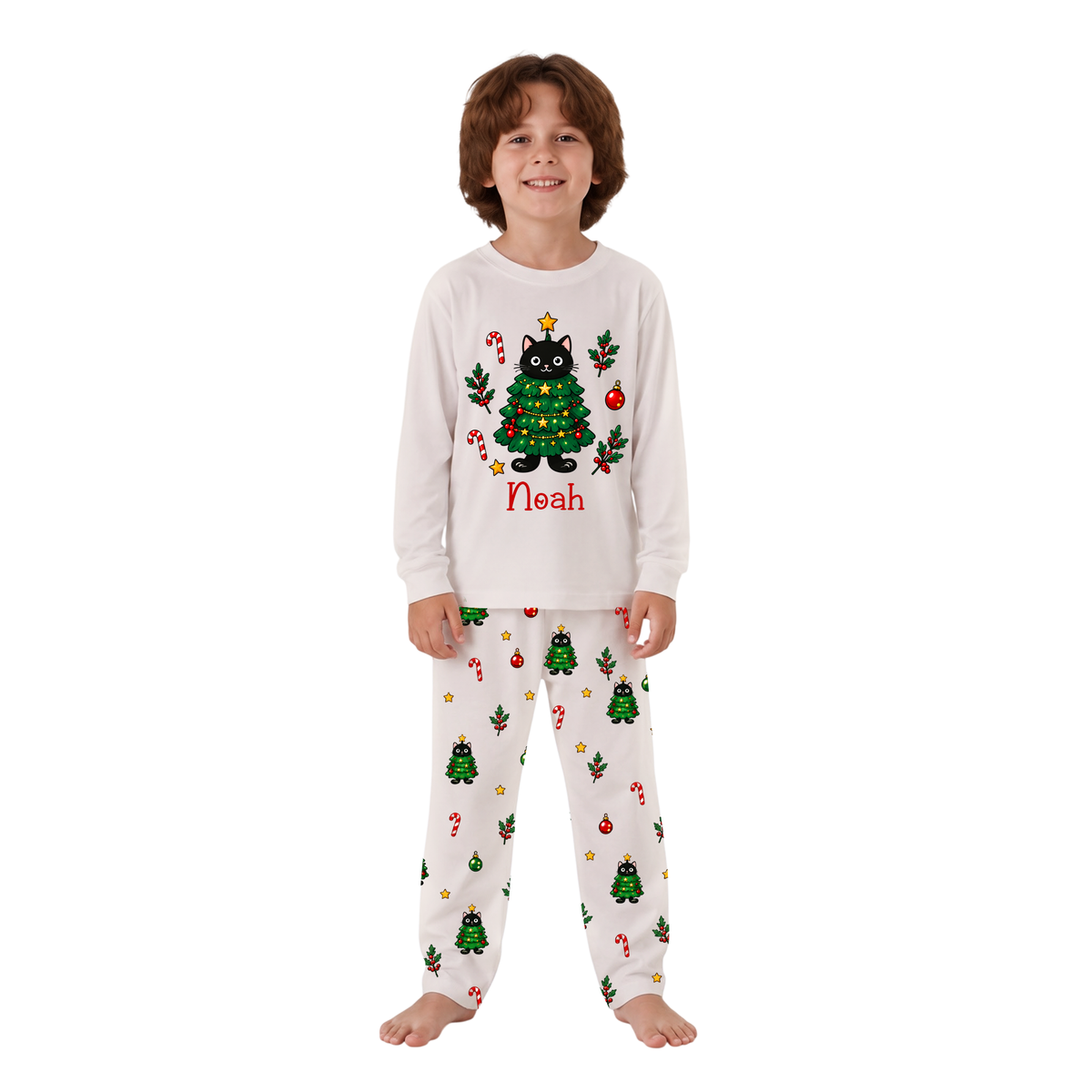 Personalized Black Cat Christmas Tree Family Matching Christmas Pajamas With Pet