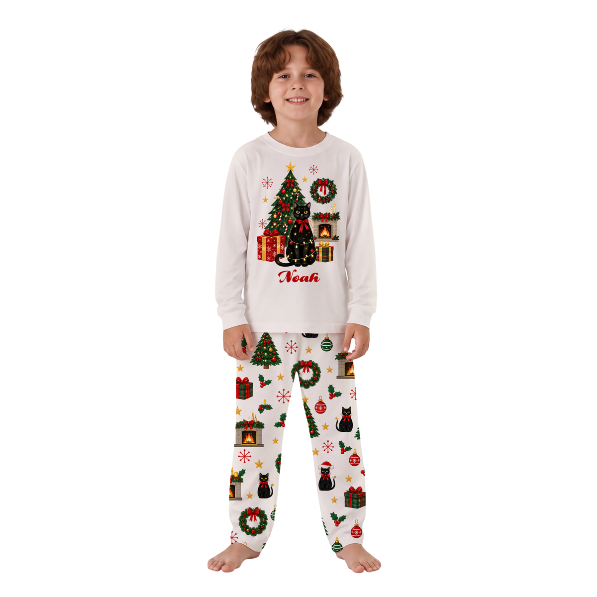 Custom Name Black Cat Christmas Tree Family Matching Christmas Pajamas With Pet