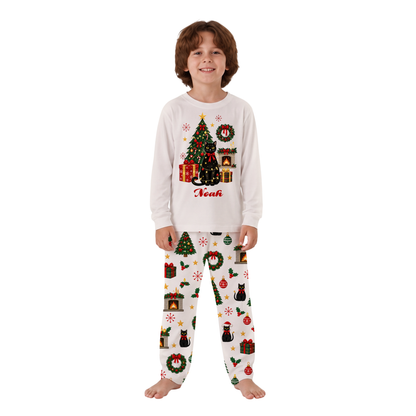 Custom Name Black Cat Christmas Tree Family Matching Christmas Pajamas With Pet