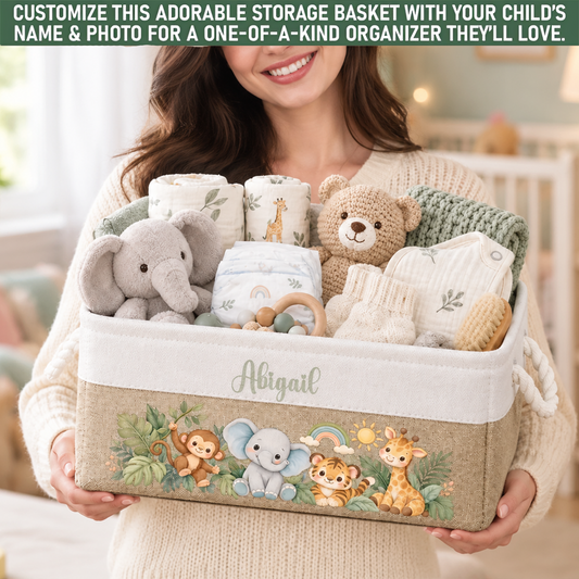 Personalized Cotton Linen Rope Basket with Watercolor Jungle Animals for Nursery Storage, Unique Baby Gift