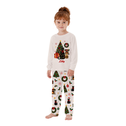 Custom Name Black Cat Christmas Tree Family Matching Christmas Pajamas With Pet