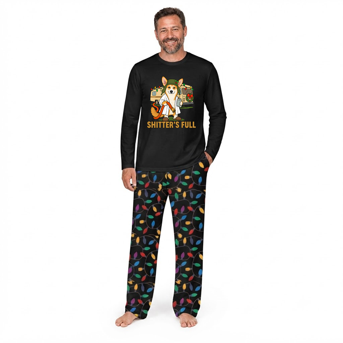 Custom Photo Funny Shitter's Full Dog Cousin Eddie RV Colorful Christmas Lights Family Pajamas