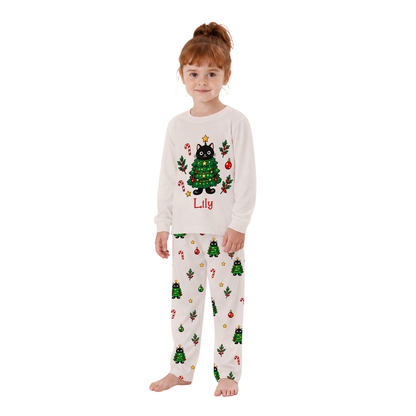 Personalized Black Cat Christmas Tree Family Matching Christmas Pajamas With Pet