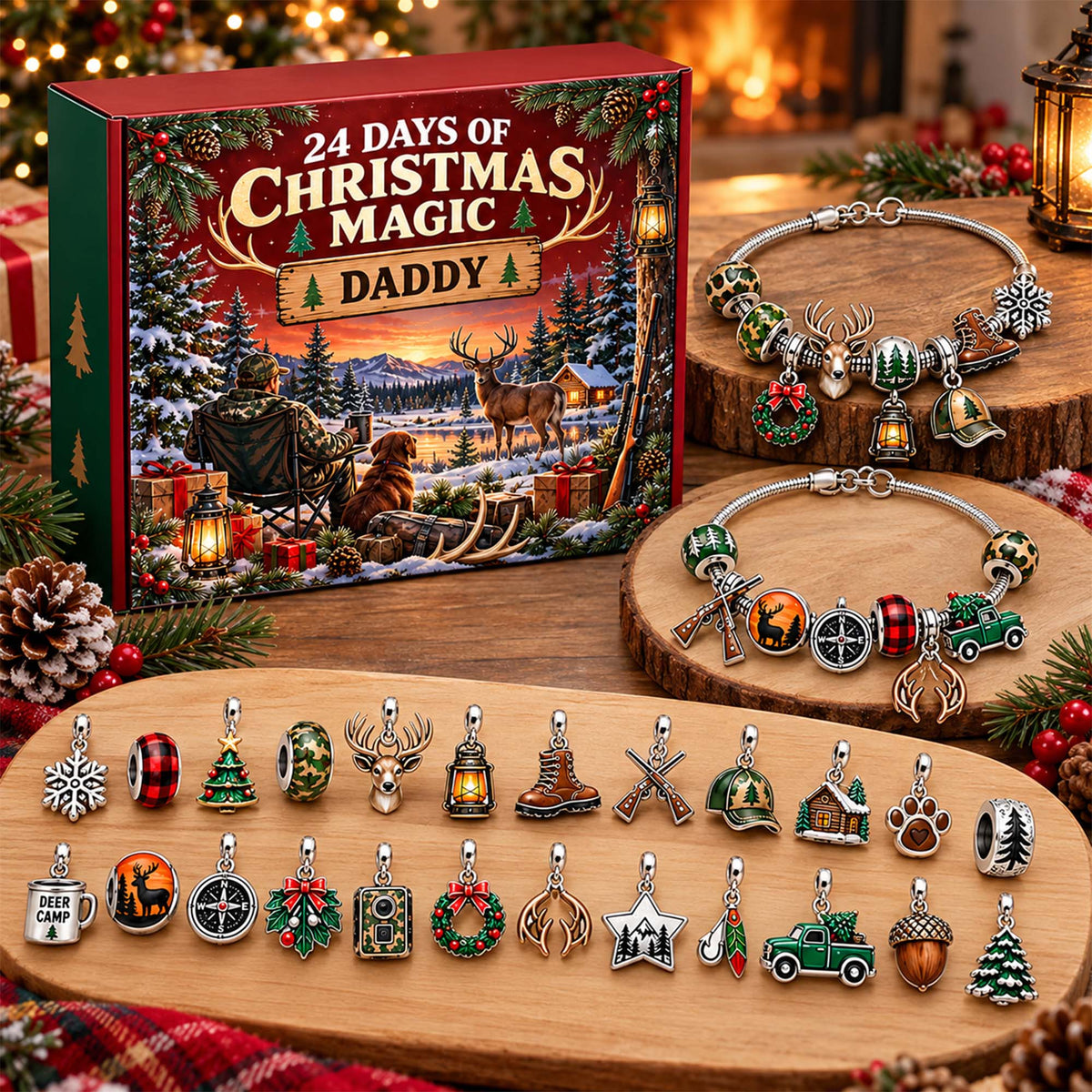Personalized Hunting Deer Christmas 24 Days Advent Calendar Bracelet Set With 24 Charms